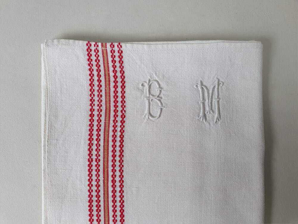 Antique linen cotton hand woven Torchons, or Tea Towels, with an antique embroidery monogram B M