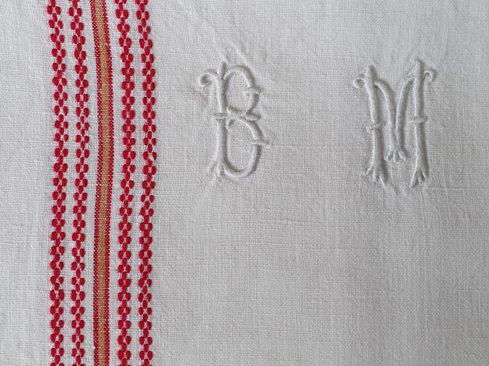 Antique linen cotton hand woven Torchons, or Tea Towels, with an antique embroidery monogram B M