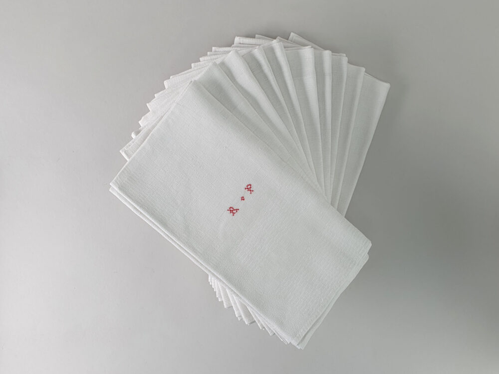 Antique linen hand woven French Torchons, or Tea Towels, with hand stitched monogram RP