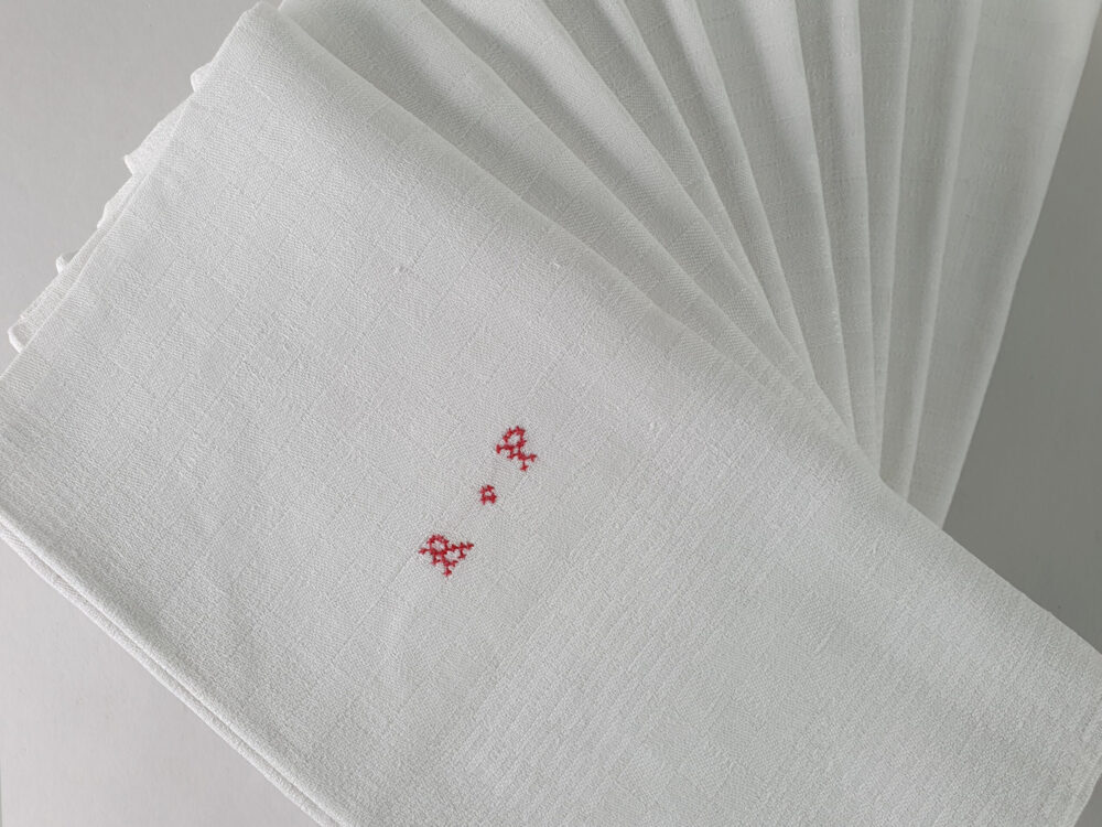 Antique linen hand woven French Torchons, or Tea Towels, with hand stitched monogram RP