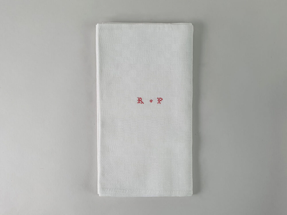 Antique linen hand woven French Torchons, or Tea Towels, with hand stitched monogram RP