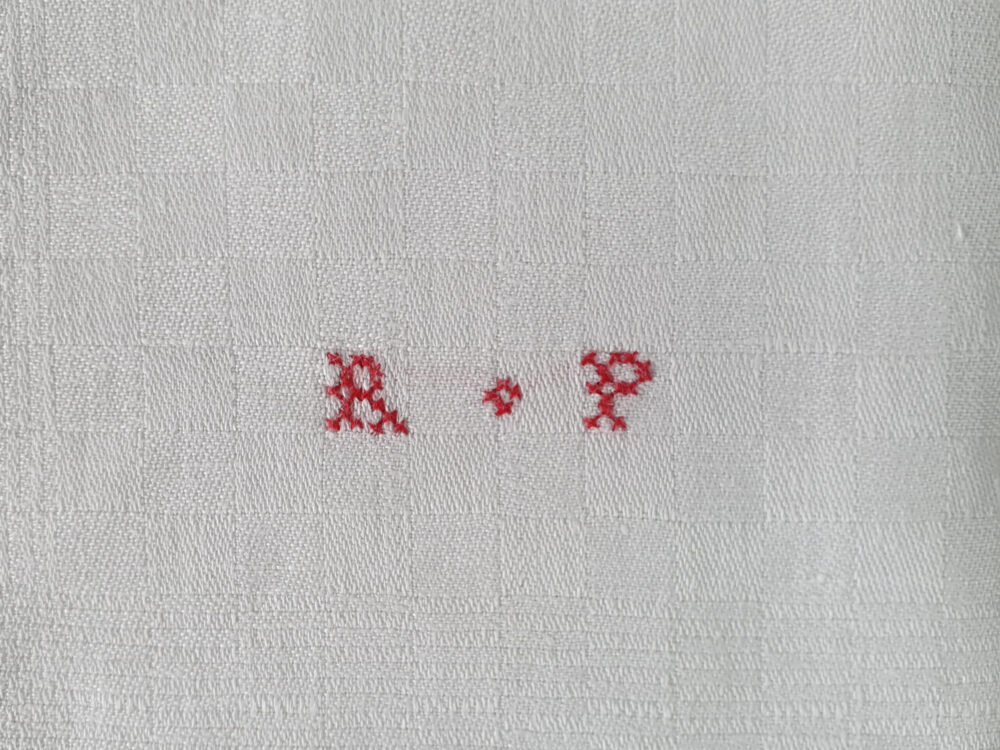 Antique linen hand woven French Torchons, or Tea Towels, with hand stitched monogram RP