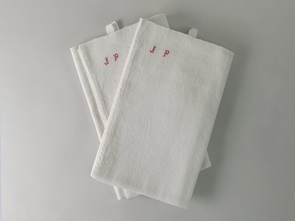 Antique linen hand woven Torchons, or Tea Towels, with hand stitched monogram J P