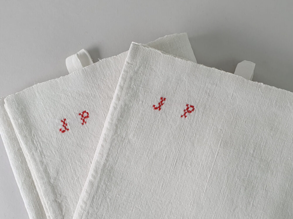 Antique linen hand woven Torchons, or Tea Towels, with hand stitched monogram J P