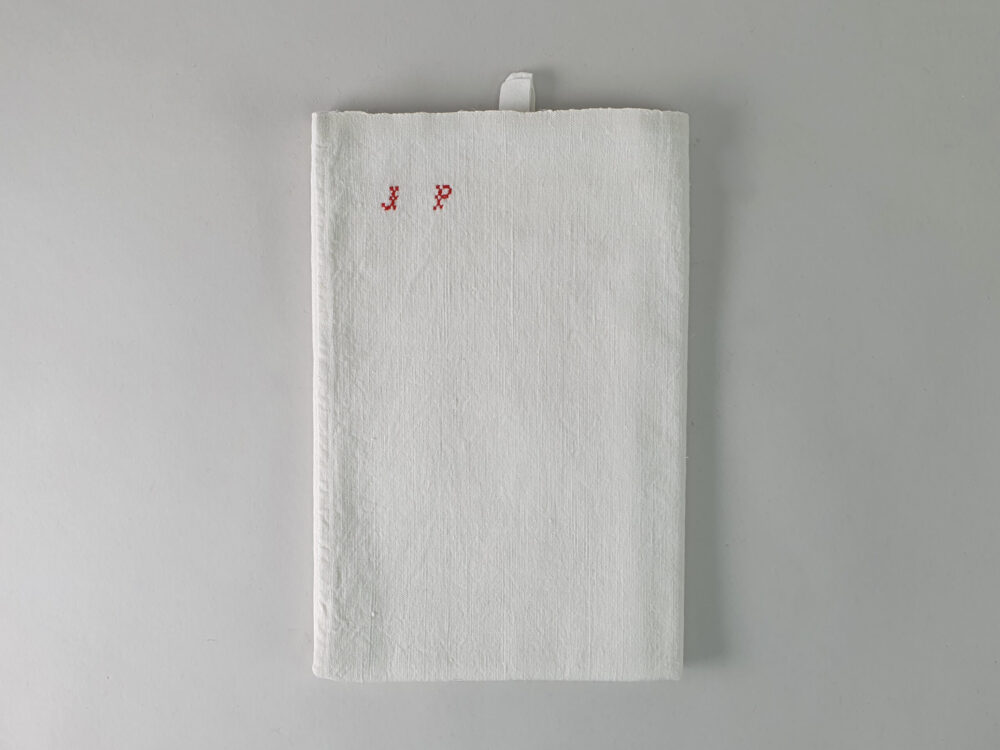 Antique linen hand woven Torchons, or Tea Towels, with hand stitched monogram J P