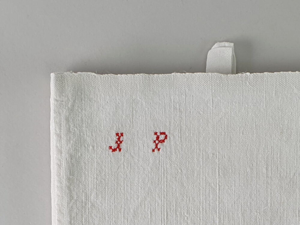 Antique linen hand woven Torchons, or Tea Towels, with hand stitched monogram J P