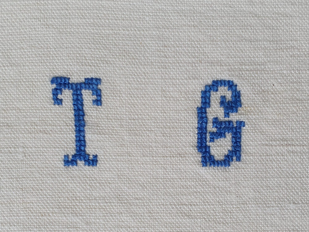 Antique linen hand woven Torchons, or Tea Towels, with hand stitched monogram T G