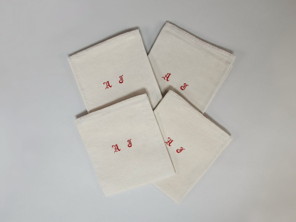 Antique linen hand woven Torchons, or Tea Towels, with red stripes & elaborate monogram A J