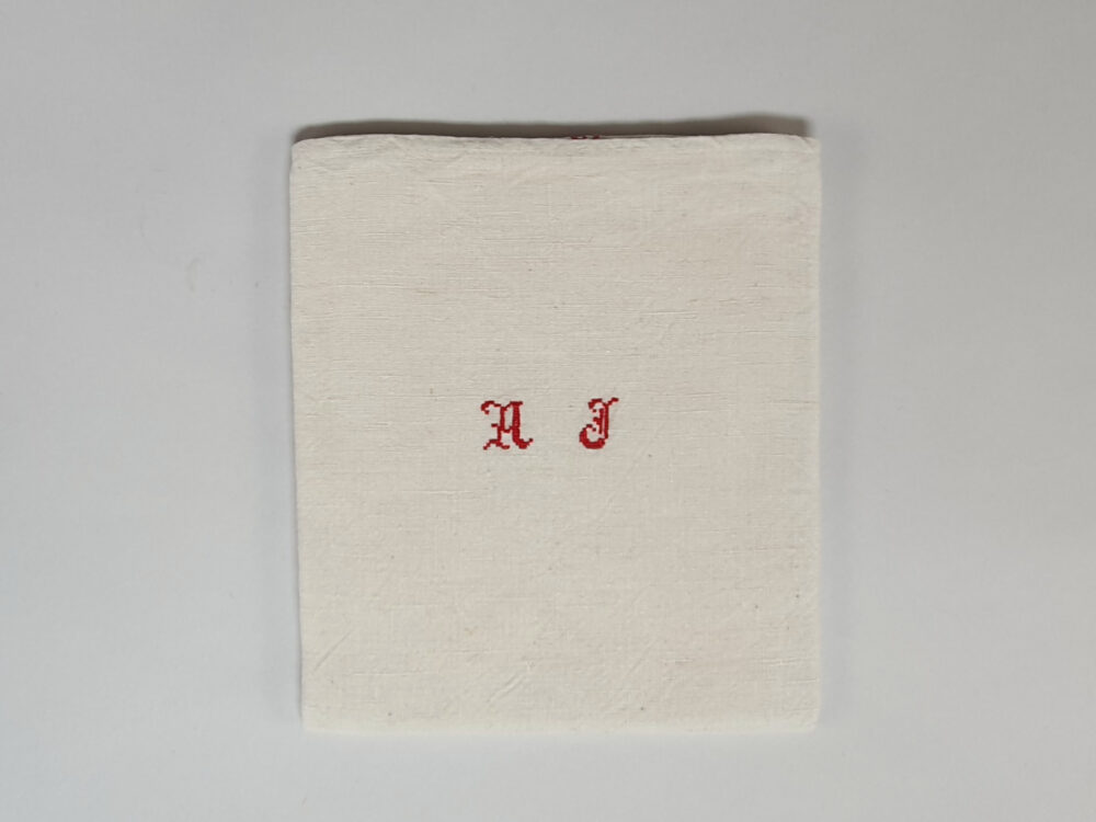 Antique linen hand woven Torchons, or Tea Towels, with red stripes & elaborate monogram A J