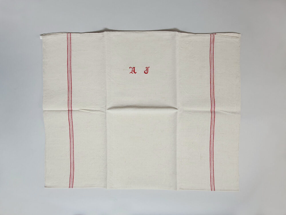 Antique linen hand woven Torchons, or Tea Towels, with red stripes & elaborate monogram A J