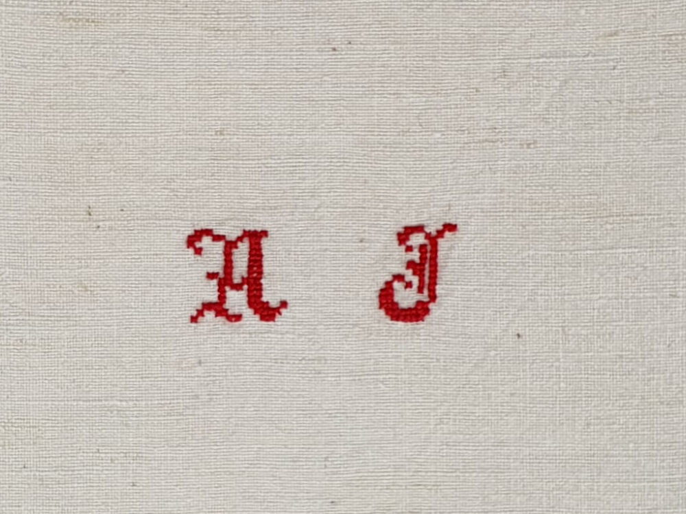 Antique linen hand woven Torchons, or Tea Towels, with red stripes & elaborate monogram A J