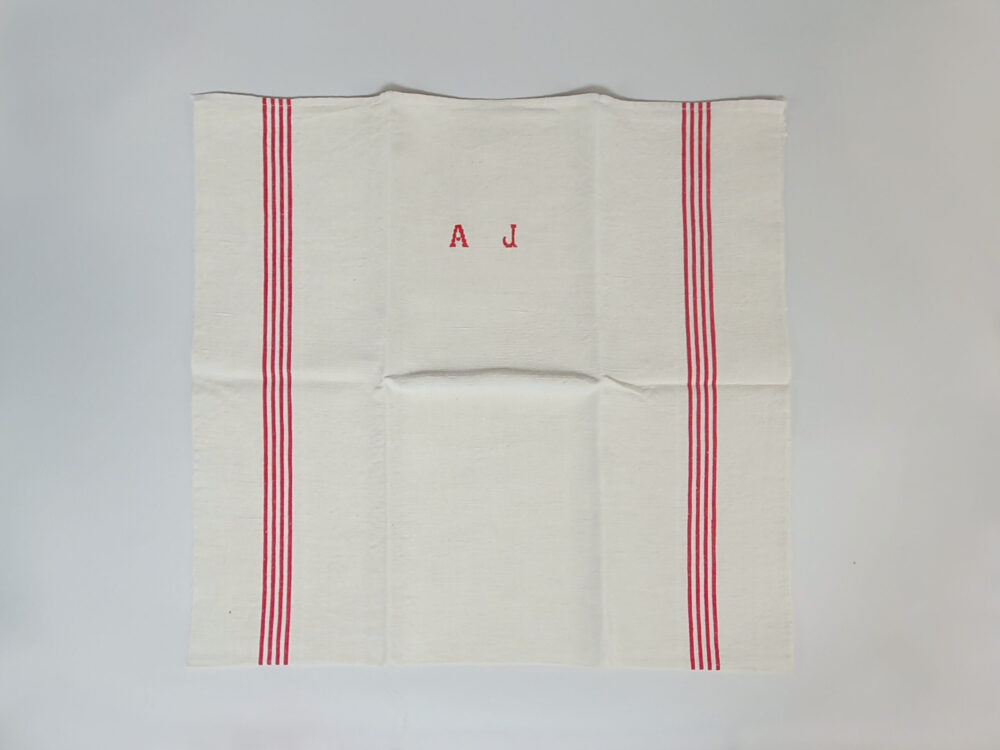 Antique linen hand woven Torchons, or Tea Towels, with red stripes & hand stitched monogram A J