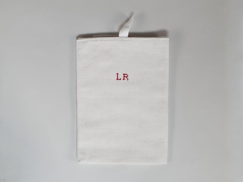 Antique linen hand woven Torchons, or Tea Towels, with red stripes & hand stitched monogram L R