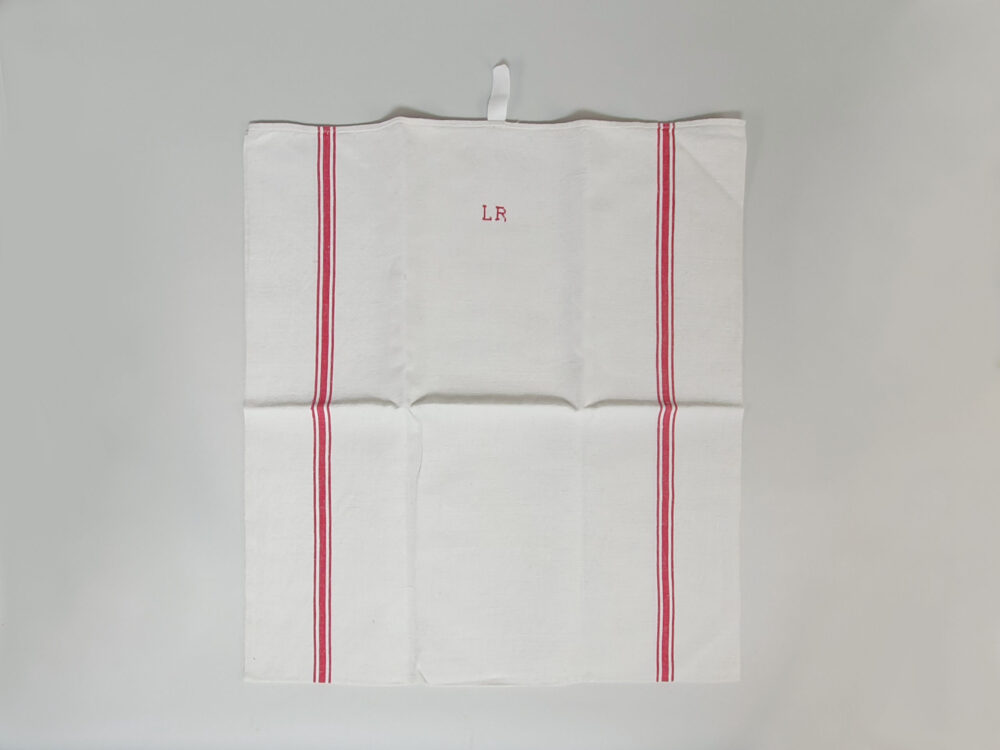 Antique linen hand woven Torchons, or Tea Towels, with red stripes & hand stitched monogram L R
