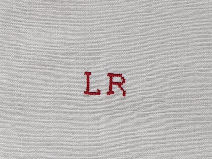 Antique linen hand woven Torchons, or Tea Towels, with red stripes & hand stitched monogram L R