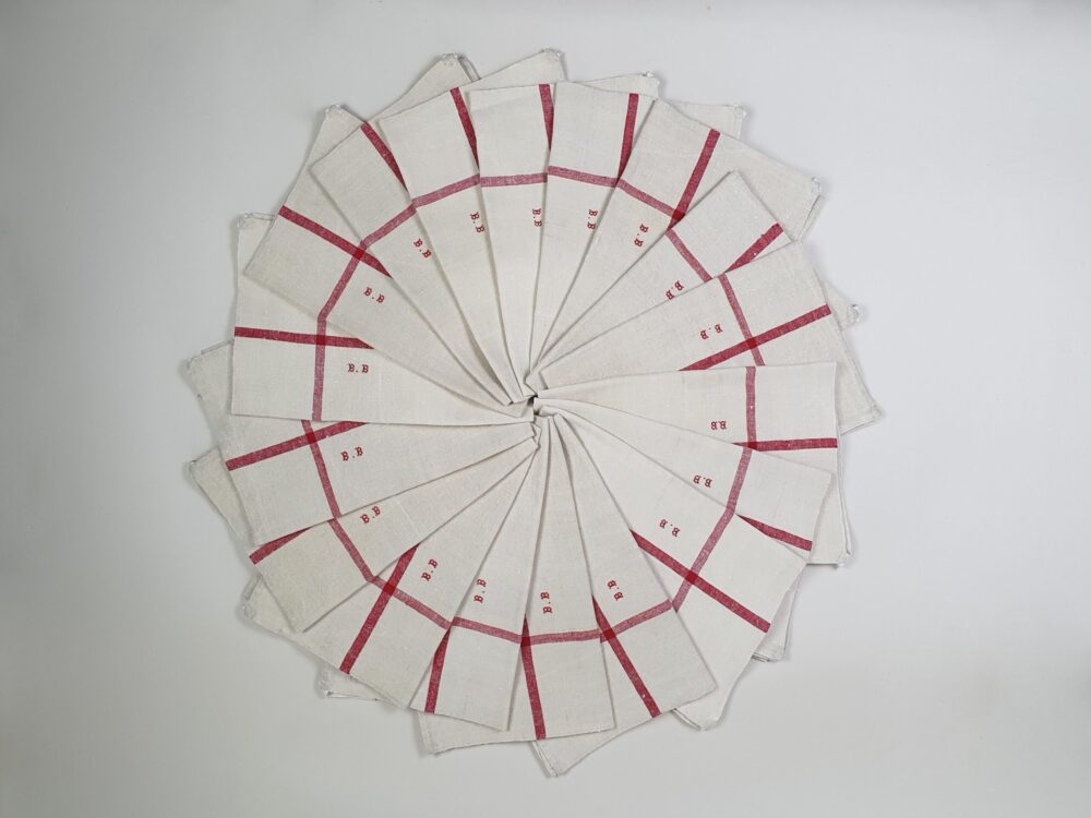 Antique linen hand woven Torchons, or Tea Towels, with red stripes & hand stitched monogram BB