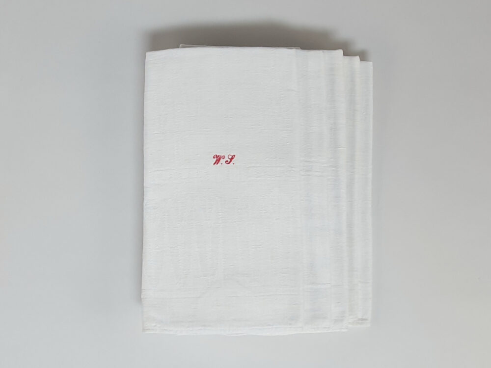 Antique linen cotton mix Torchons, or Tea Towels with hand stitched monogram WS