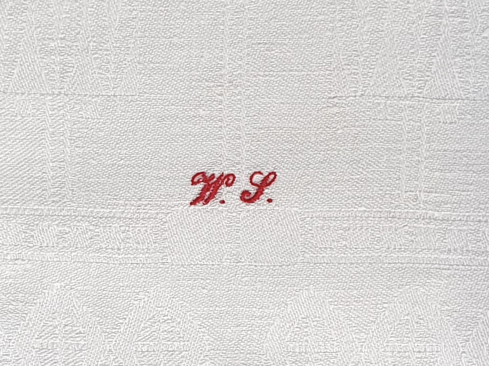 Antique linen cotton mix Torchons, or Tea Towels with hand stitched monogram WS