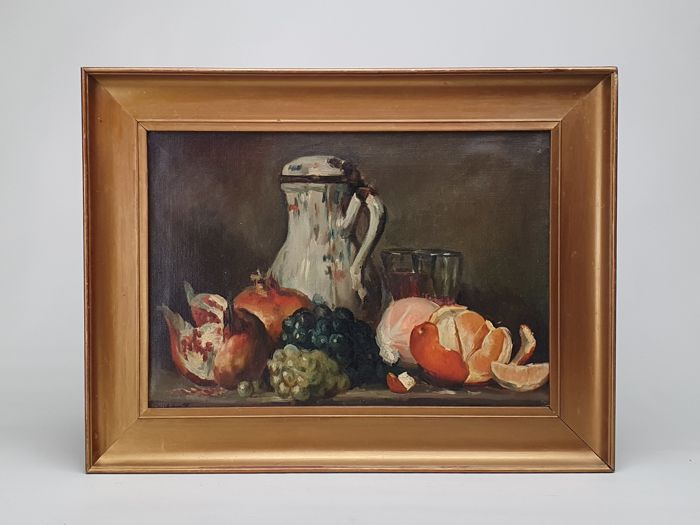 Antique oil Painting - 19th century French Still Life with coffee and fruit