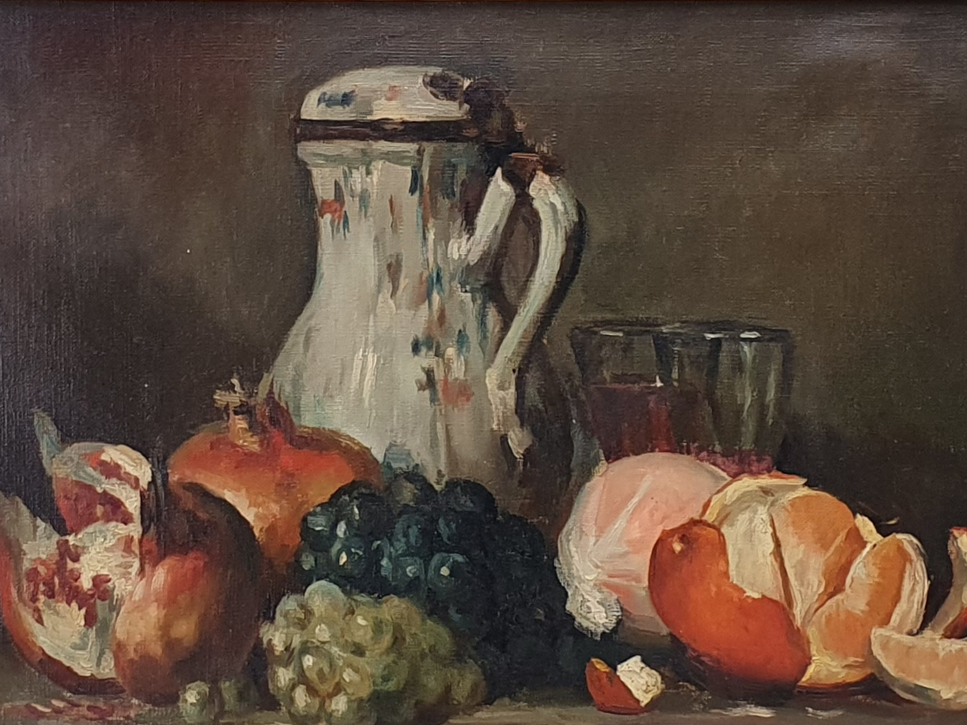 Antique oil Painting - 19th century French Still Life with coffee and fruit
