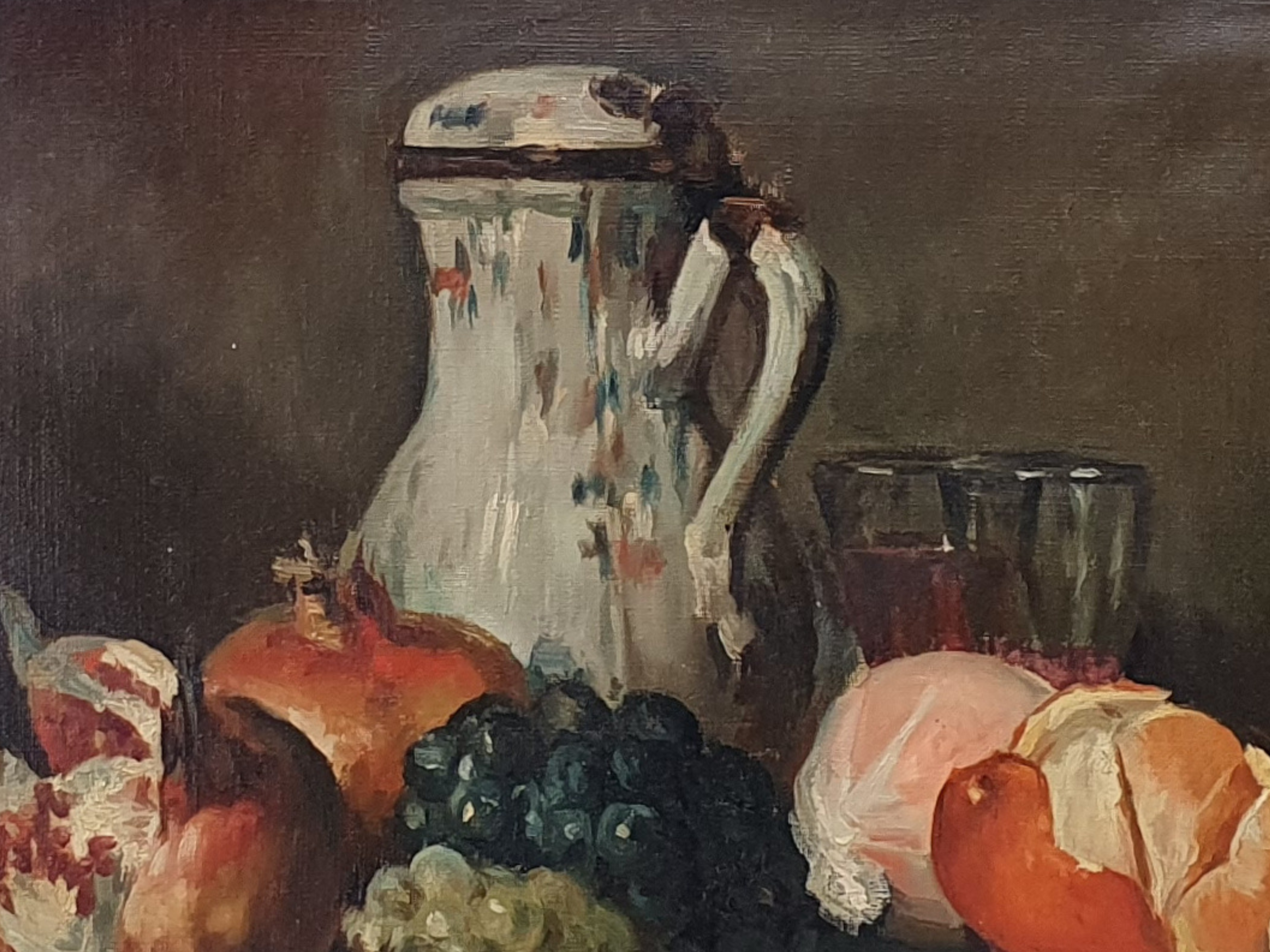 Antique oil Painting - 19th century French Still Life with coffee and fruit