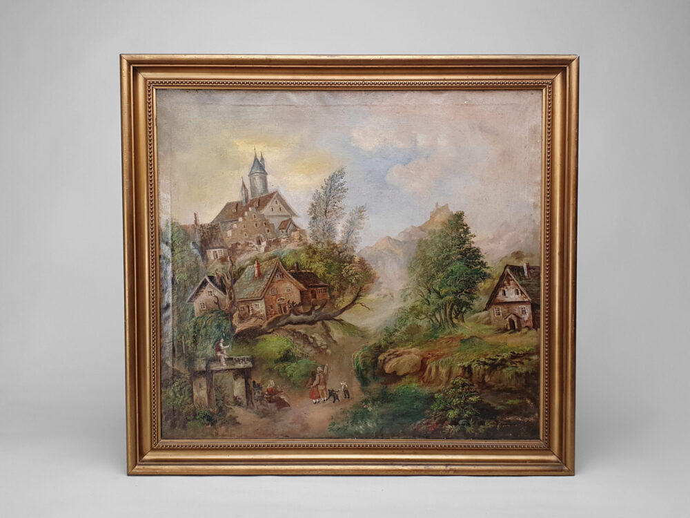 Antique oil Painting - Naive Swedish folk art woodland scene