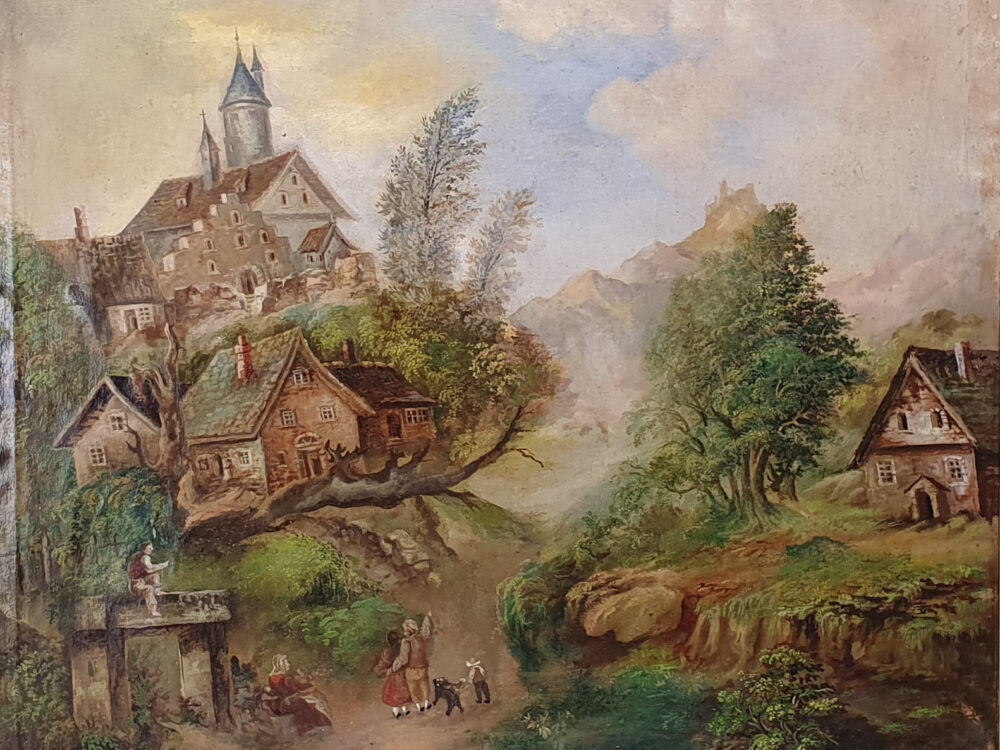 Antique oil Painting - Naive Swedish folk art woodland scene
