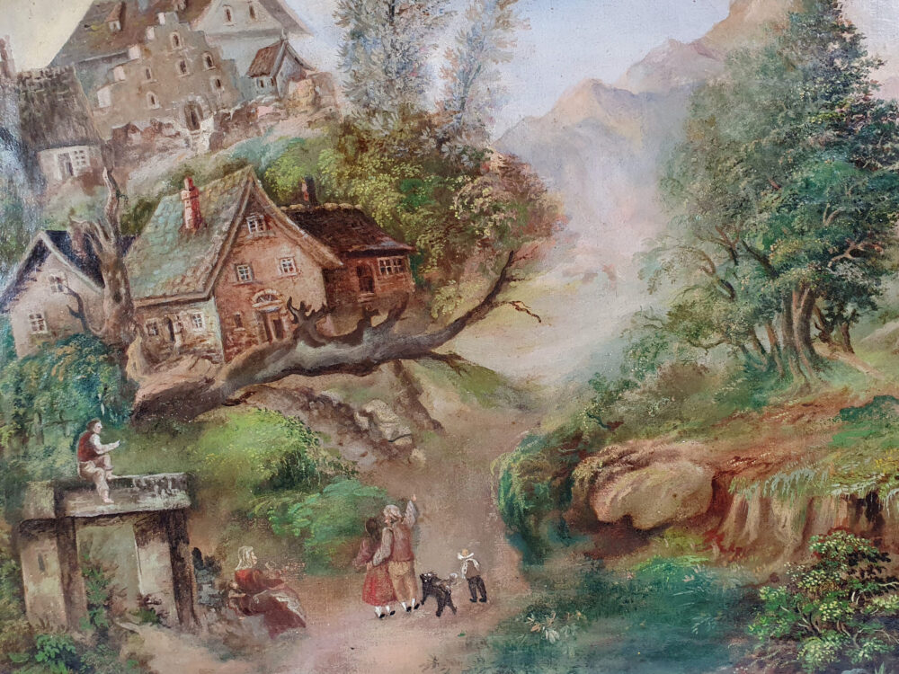 Antique oil Painting - Naive Swedish folk art woodland scene
