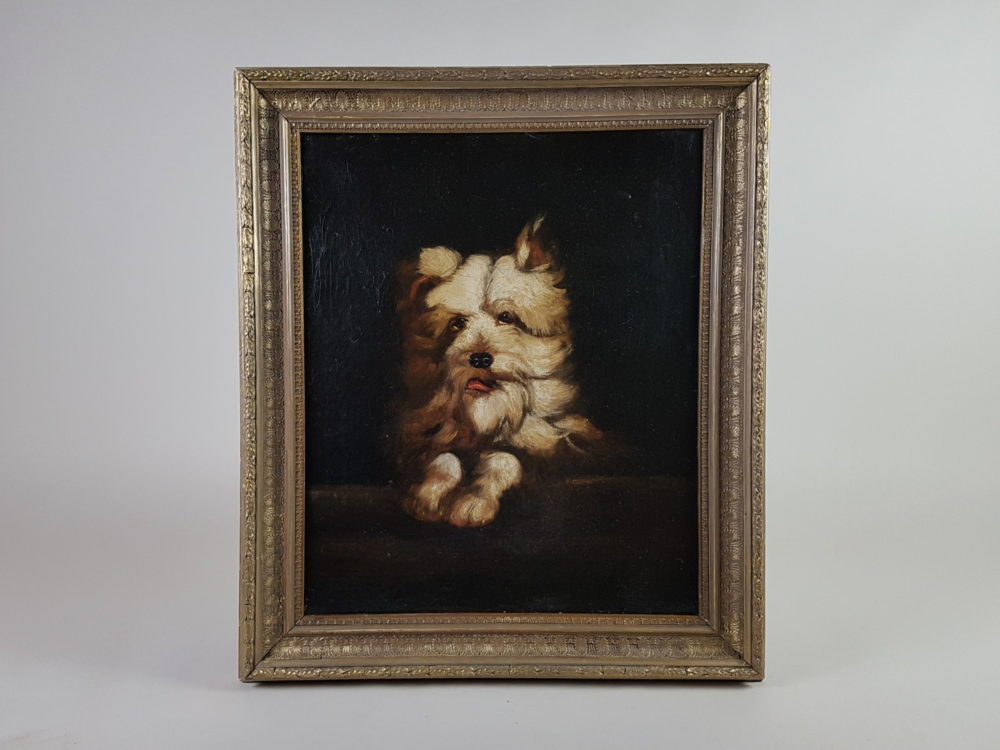 Antique oil painting - a portrait of a West Highland Terrier