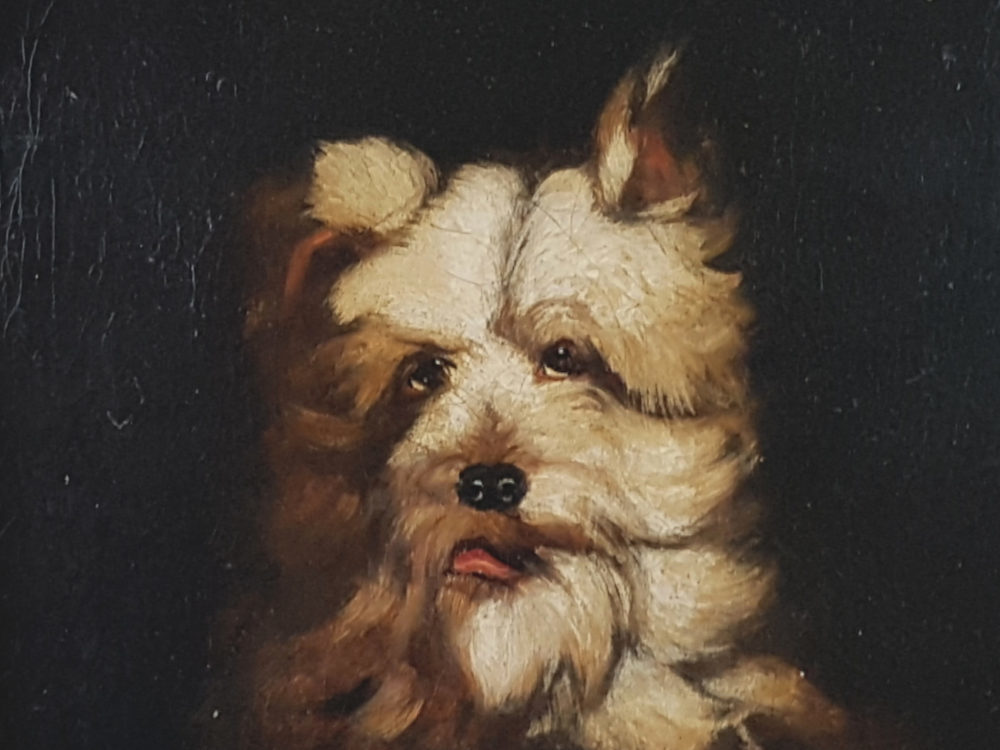 Antique oil painting - a portrait of a West Highland Terrier