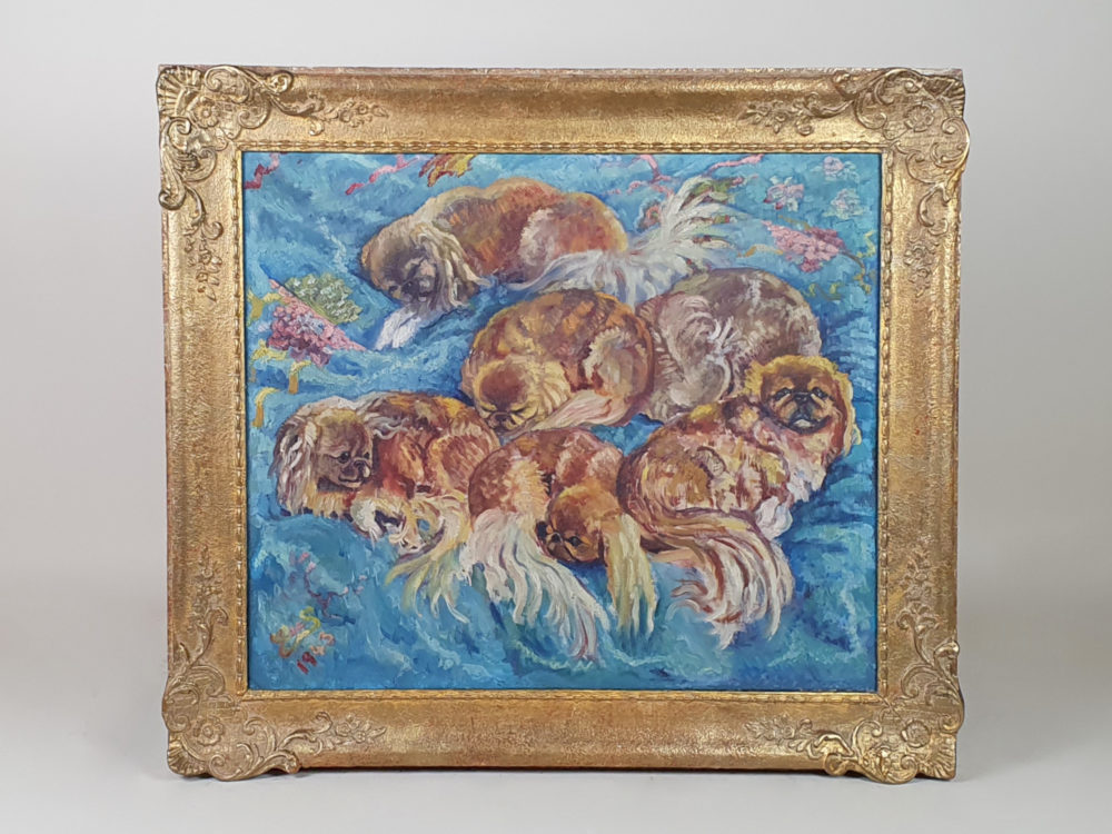 Antique oil painting of Pekingese Dogs