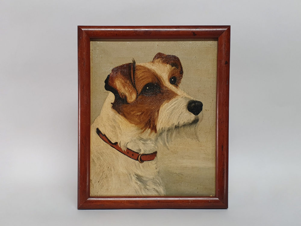Antique oil painting - portrait of a Wire Haired Fox Terrier Dog