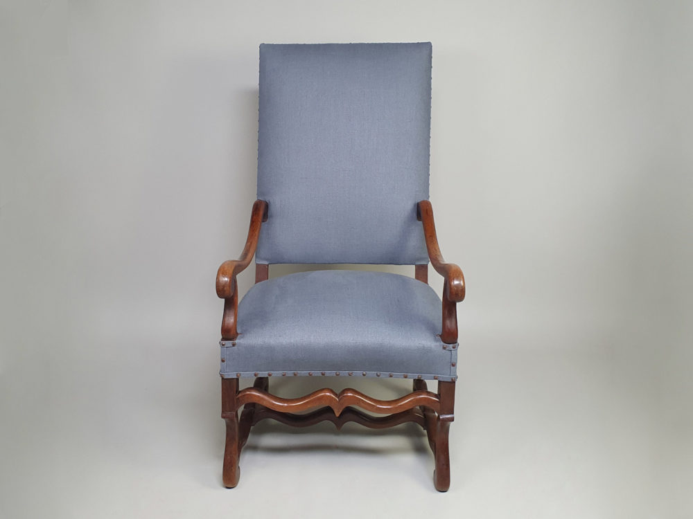 Antique os de mouton French walnut Armchair recovered in pale blue linen