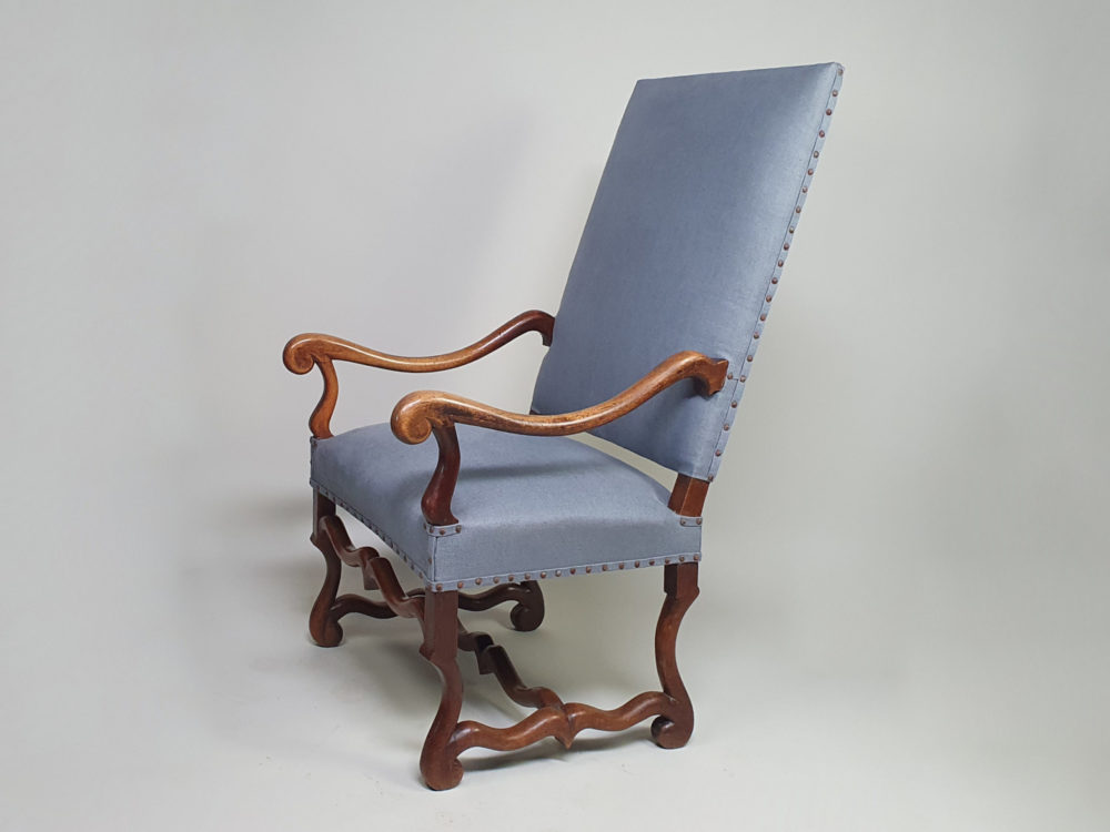 Antique os de mouton French walnut Armchair recovered in pale blue linen