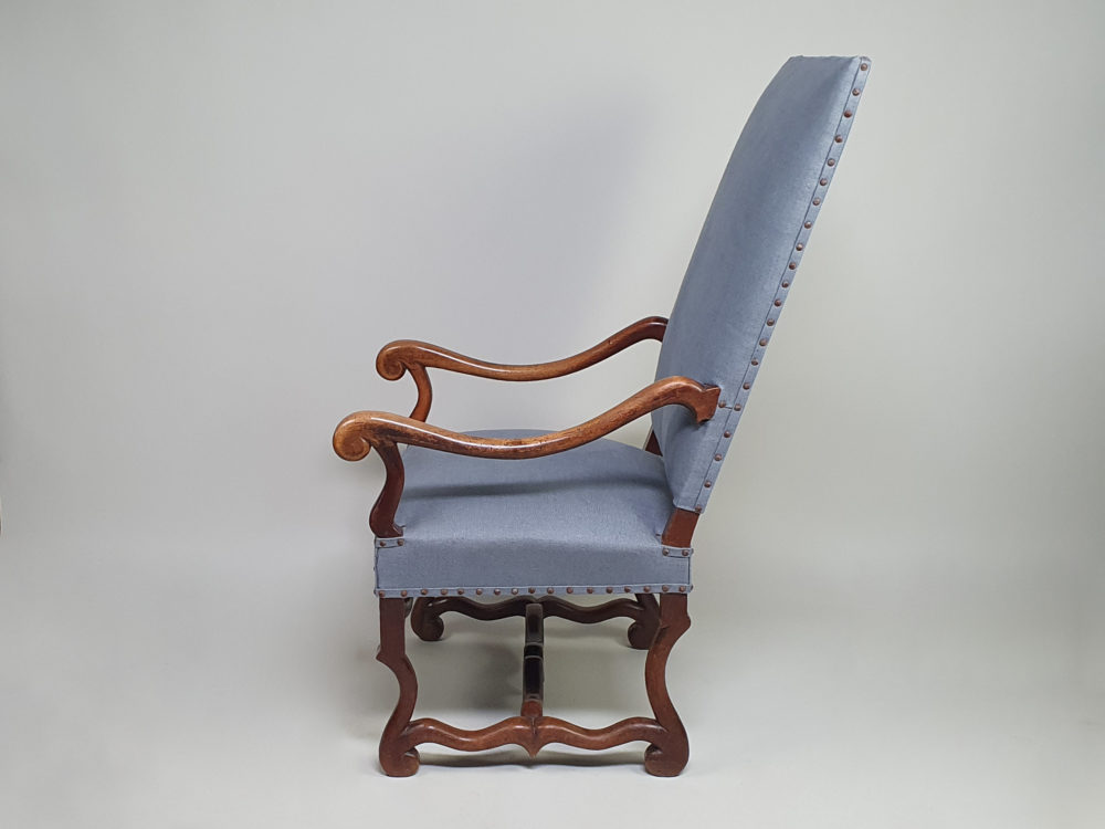 Antique os de mouton French walnut Armchair recovered in pale blue linen