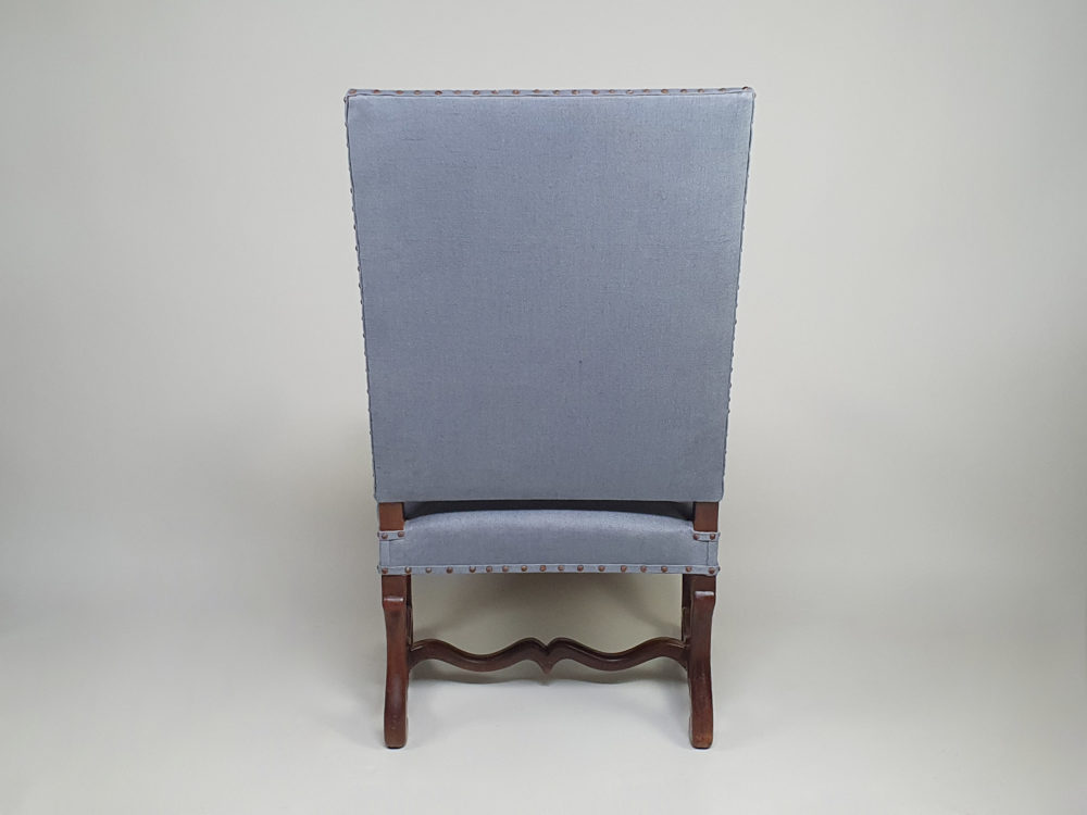 Antique os de mouton French walnut Armchair recovered in pale blue linen