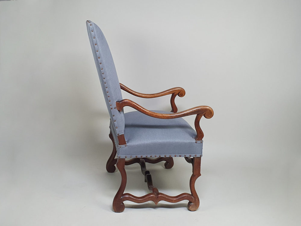 Antique os de mouton French walnut Armchair recovered in pale blue linen