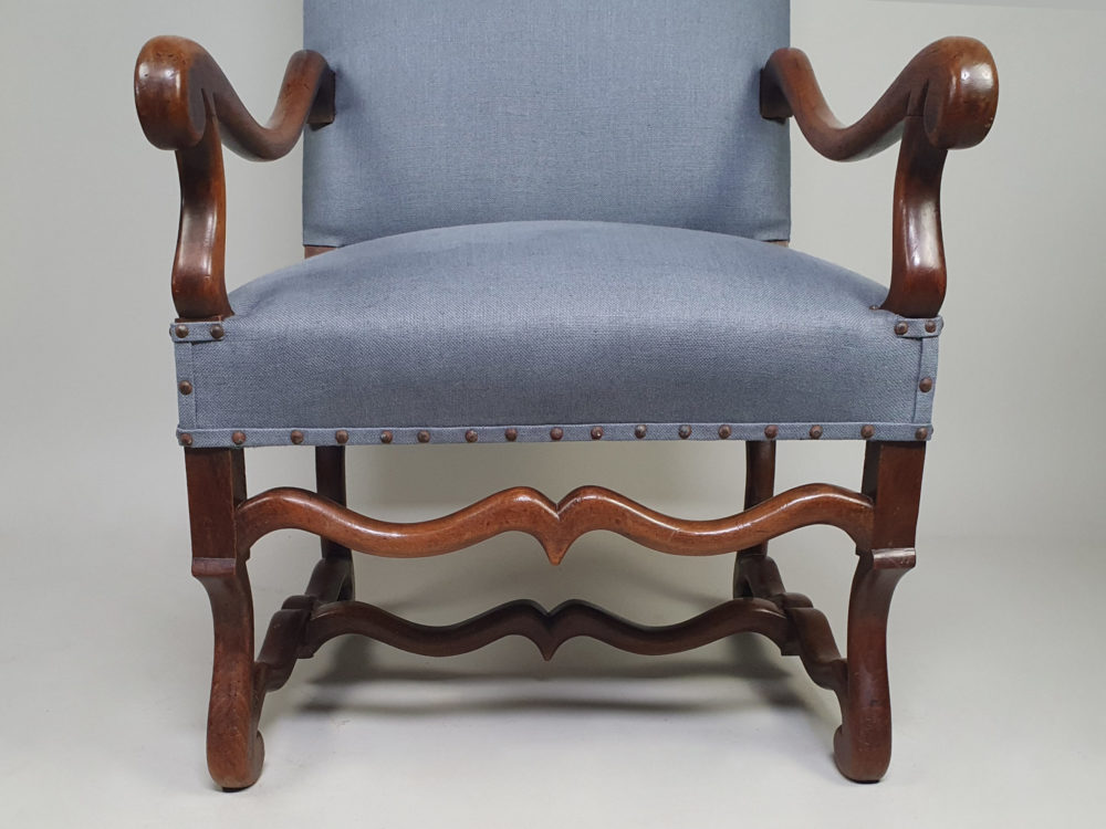 Antique os de mouton French walnut Armchair recovered in pale blue linen