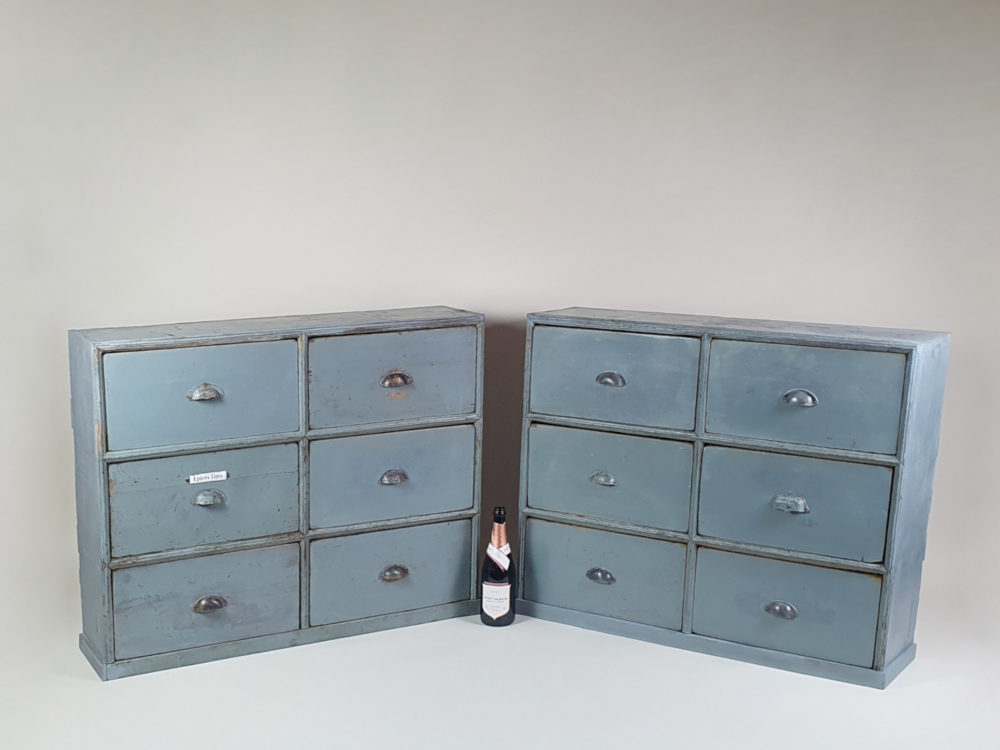 Antique pair of bank of drawers in original blue paint