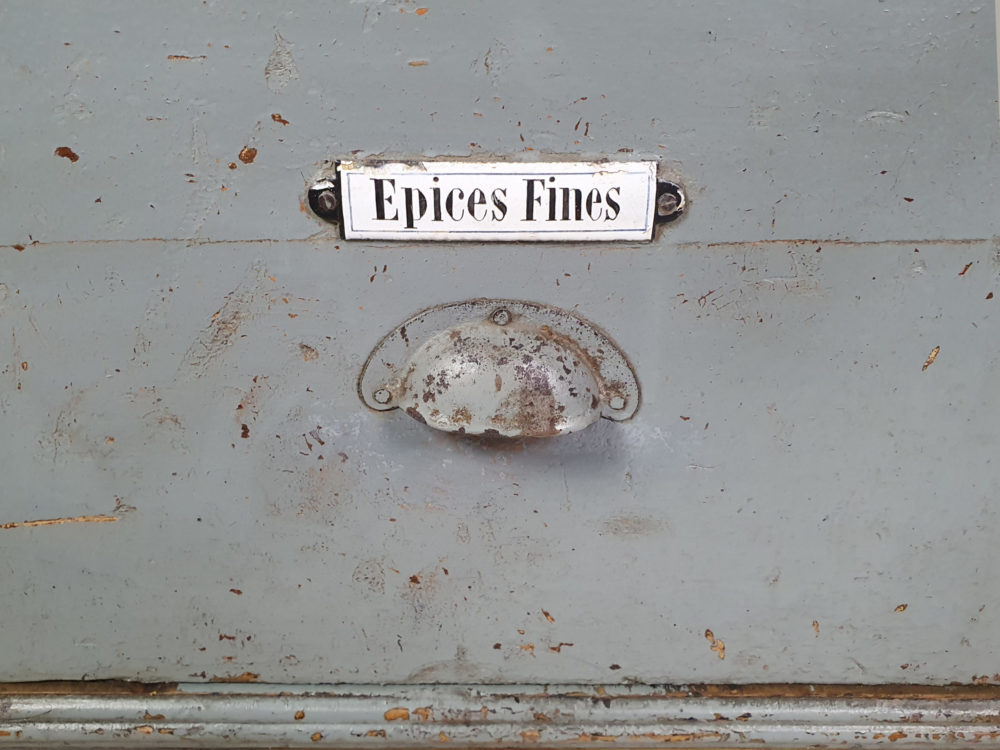 Antique pair of bank of drawers in original blue paint