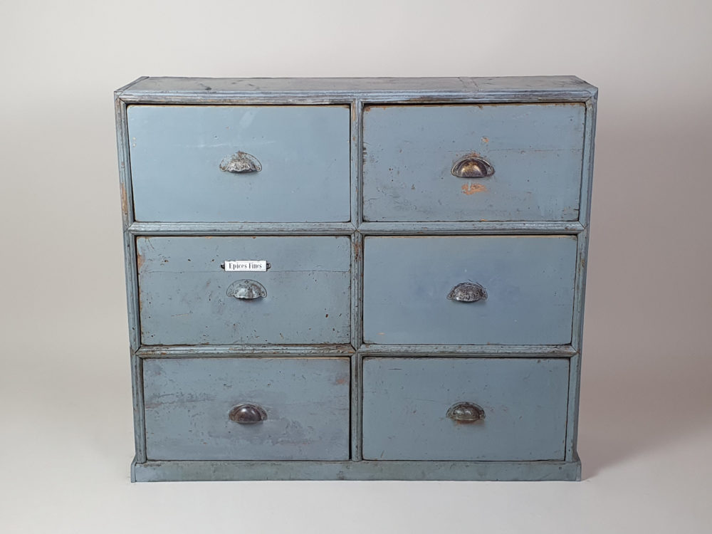 Antique pair of bank of drawers in original blue paint