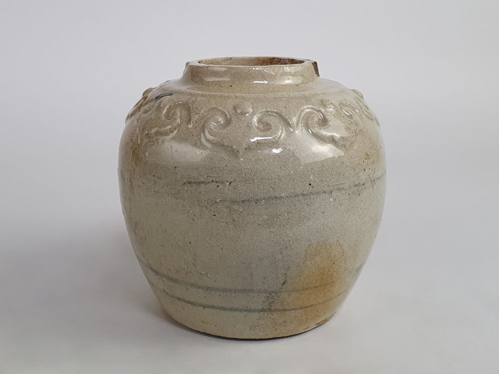 Antique rustic pottery Ginger Jar with raised circular design