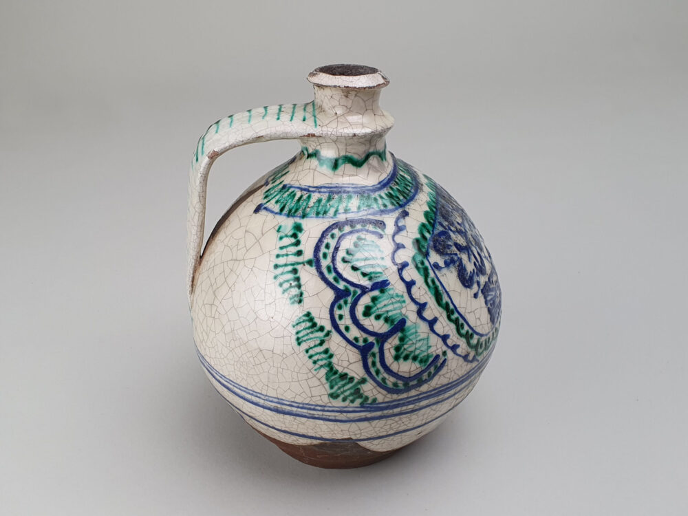 Antique rustic pottery bulbous Jug with hand painted folk art doves