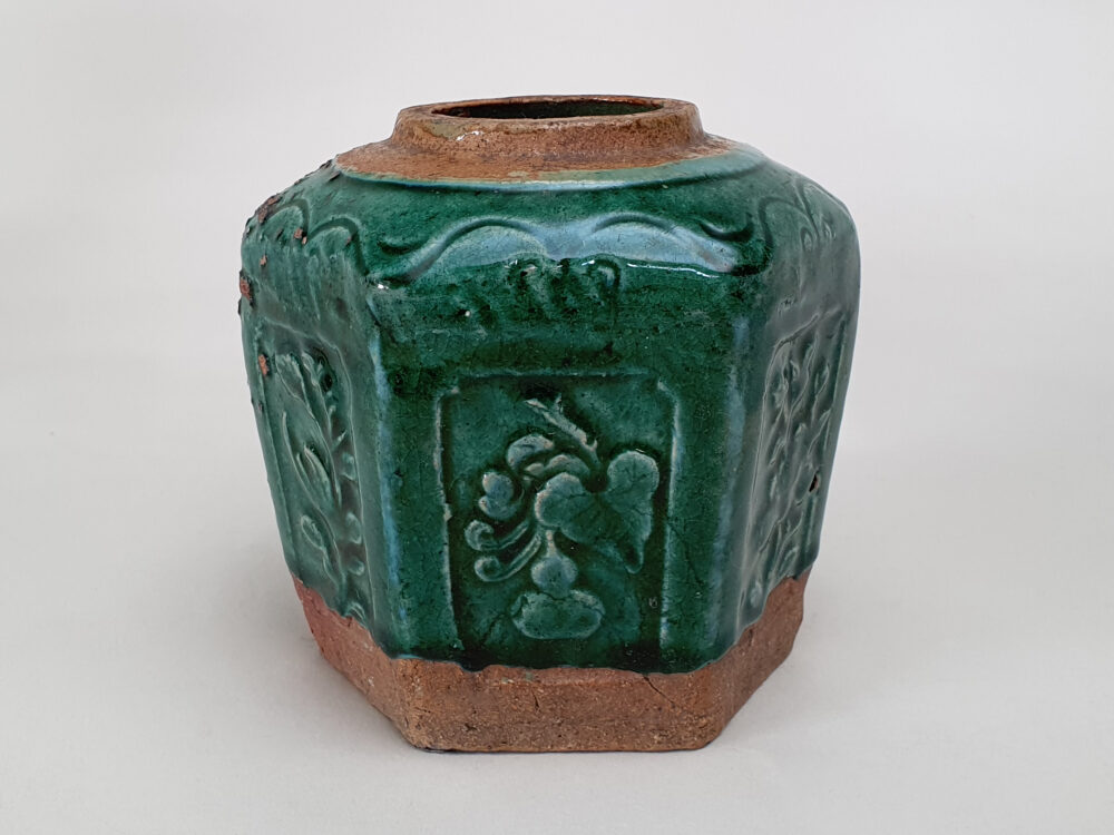 Antique rustic pottery dark green glazed Ginger Jar or Pot