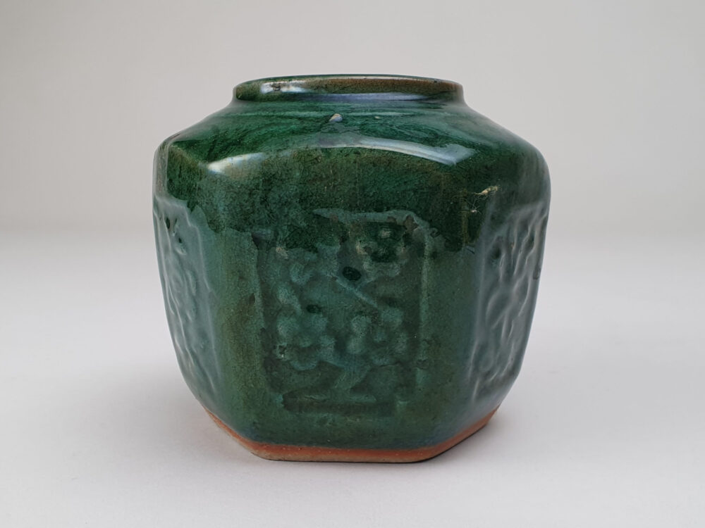 Antique rustic pottery dark green glazed Ginger Jar or Pot