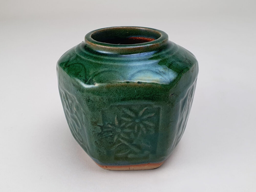Antique rustic pottery dark green glazed Ginger Jar or Pot