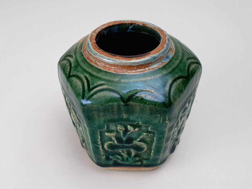 Antique rustic pottery dark green glazed Ginger Jar or Pot