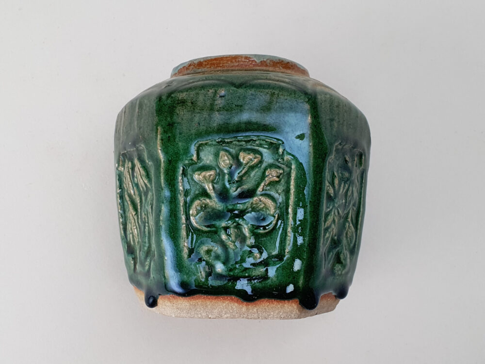 Antique rustic pottery dark green glazed Ginger Jar or Pot