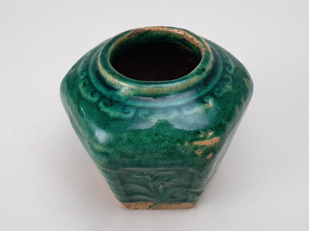 Antique rustic pottery dark green glazed Ginger Jar or Pot