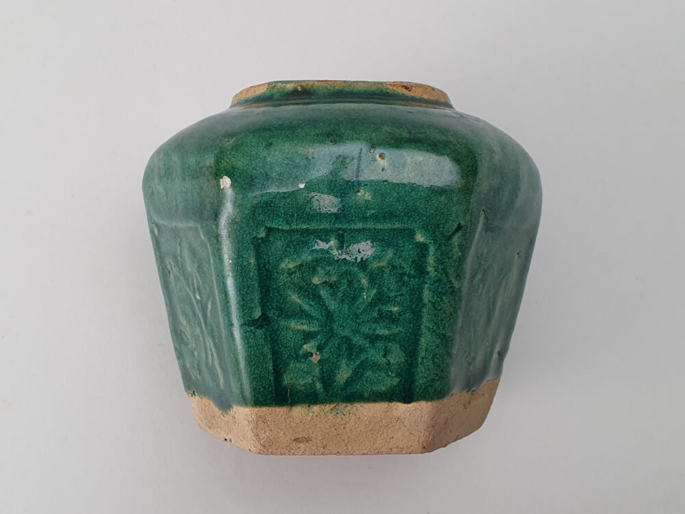 Antique rustic pottery dark green glazed Ginger Jar or Pot